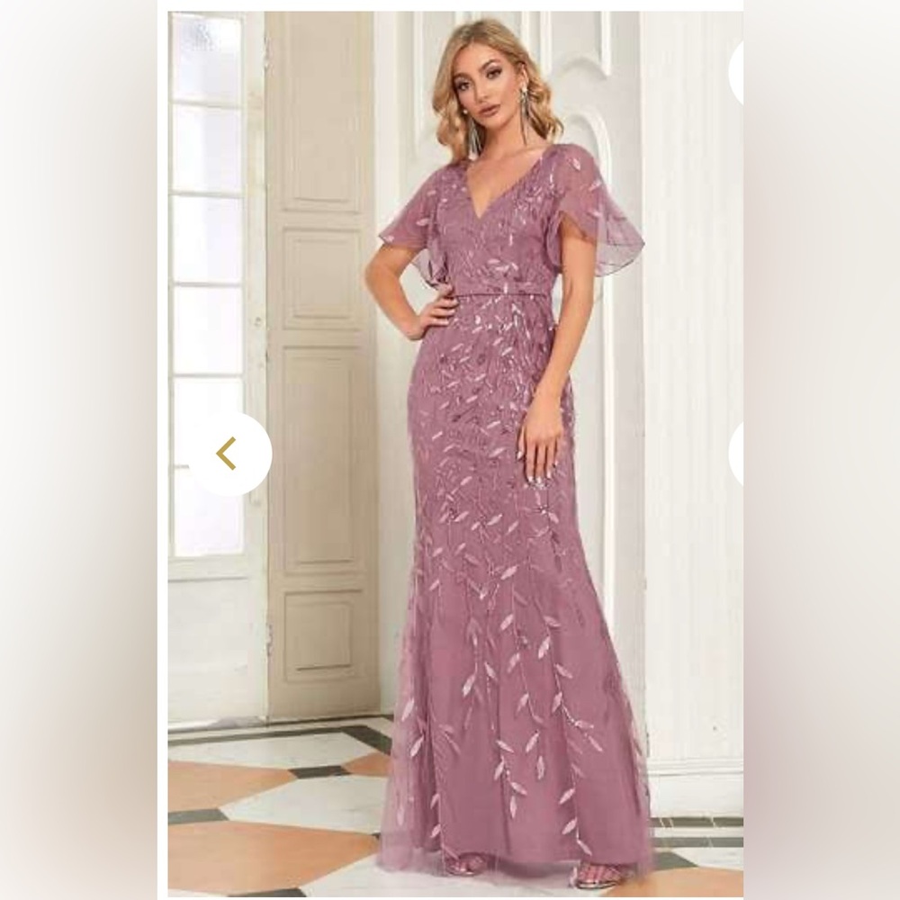 Dusty Rose Embellished Maxi Gown with Flutter Sleeves
